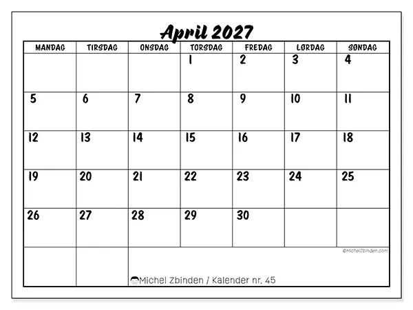 April 2027 kalendere til utskrift - Skolesuksess