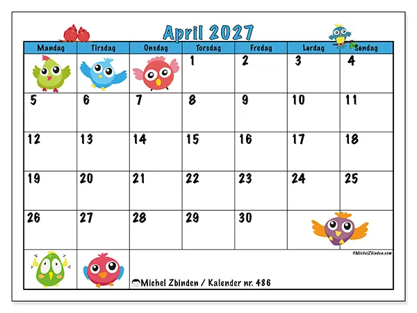 April 2027 kalendere til utskrift - Fugler