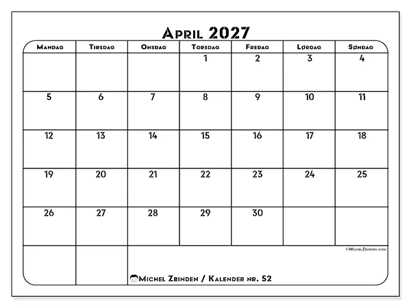 April 2027 kalendere til utskrift - Profesjonell organisering