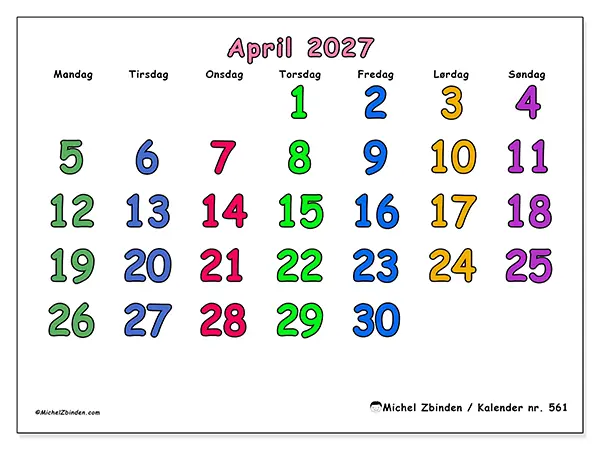 April 2027 kalendere til utskrift - Kreative øyeblikk