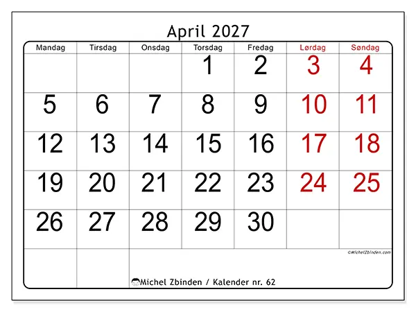April 2027 kalendere til utskrift - Rask oversikt