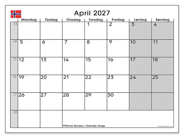 April 2027 kalendere til utskrift - Norge