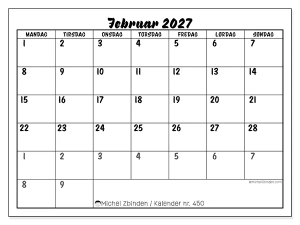 Februar 2027 kalendere til utskrift - Detaljert organisering