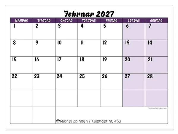 Februar 2027 kalendere til utskrift - Fargerike oppgaver