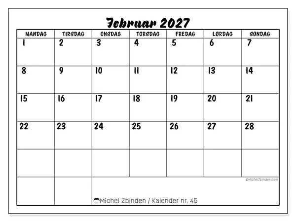 Februar 2027 kalendere til utskrift - Skolesuksess