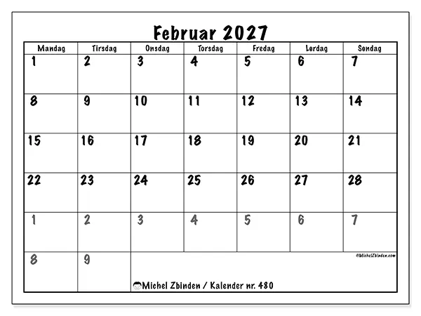 Februar 2027 kalendere til utskrift - Fullstendig planlegging