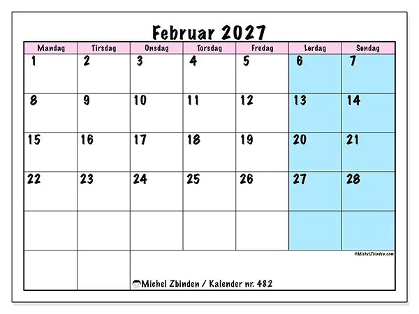 Februar 2027 kalendere til utskrift - Team tidsplan