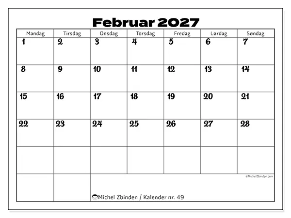 Februar 2027 kalendere til utskrift - Koordinering på jobb