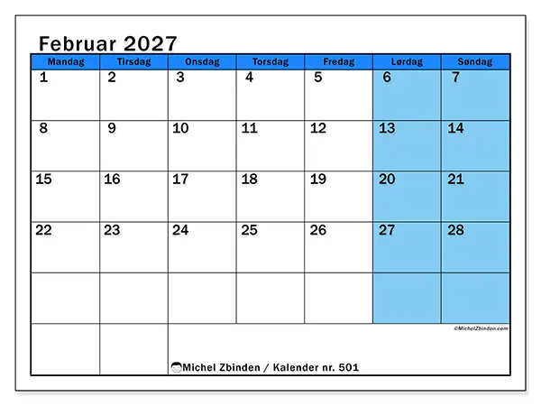 Februar 2027 kalendere til utskrift - Dynamiske studier