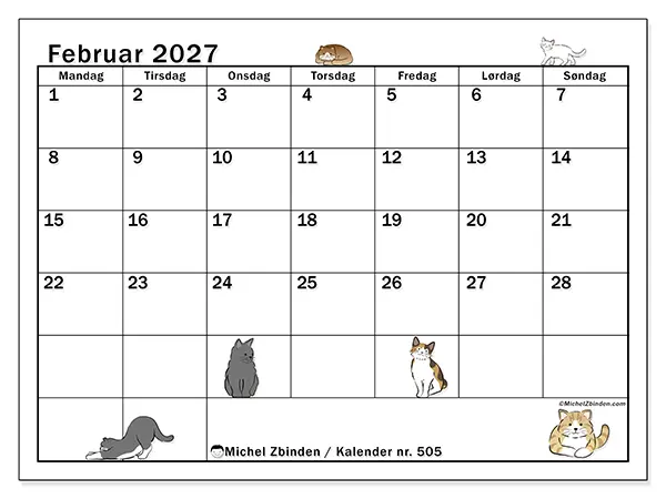 Februar 2027 kalendere til utskrift - Katteliv