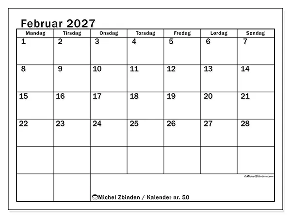 Februar 2027 kalendere til utskrift - Tydelig månedsplanlegging