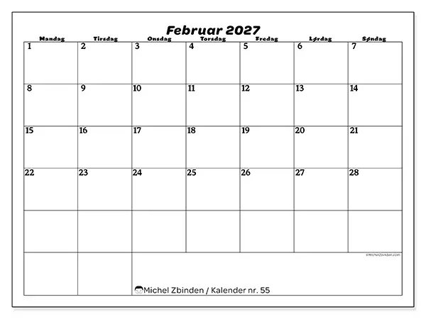 Februar 2027 kalendere til utskrift - Organisering av fritid