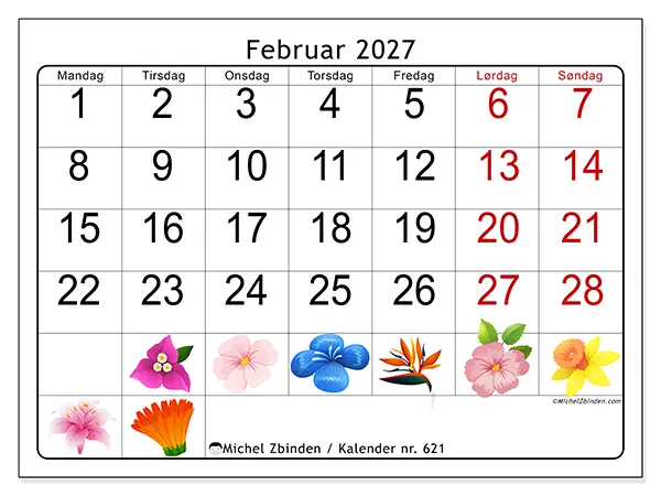 Februar 2027 kalendere til utskrift - Store blomster