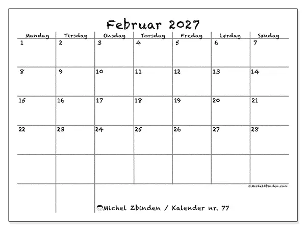 Februar 2027 kalendere til utskrift - Skole og familie
