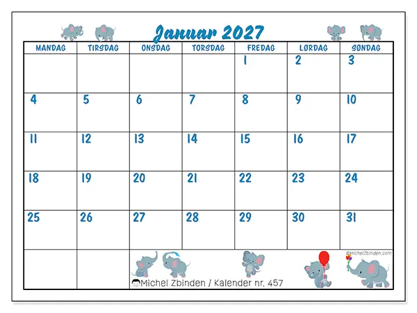 Januar 2027 kalendere til utskrift - Små elefanter