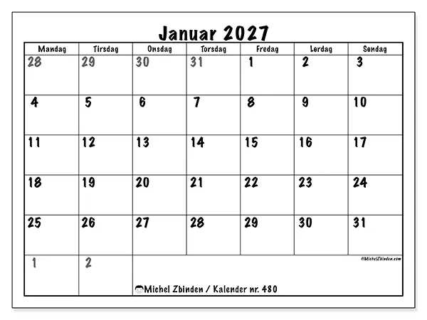 Januar 2027 kalendere til utskrift - Fullstendig planlegging