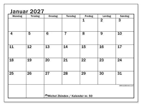 Januar 2027 kalendere til utskrift - Tydelig månedsplanlegging