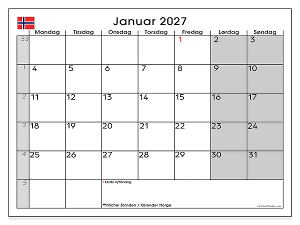 Januar 2027 kalendere til utskrift - Norge