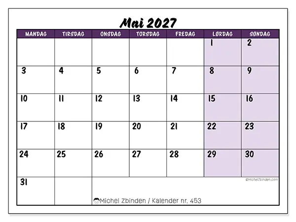 Mai 2027 kalendere til utskrift - Fargerike oppgaver