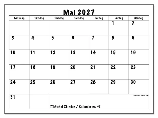 Mai 2027 kalendere til utskrift - Daglig planlegging