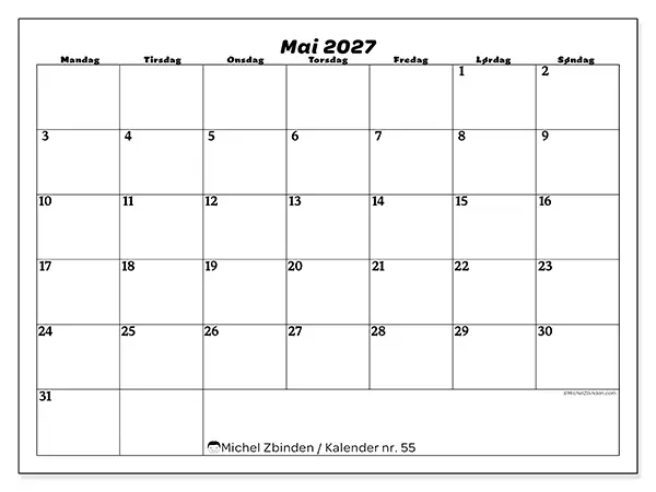 Mai 2027 kalendere til utskrift - Organisering av fritid