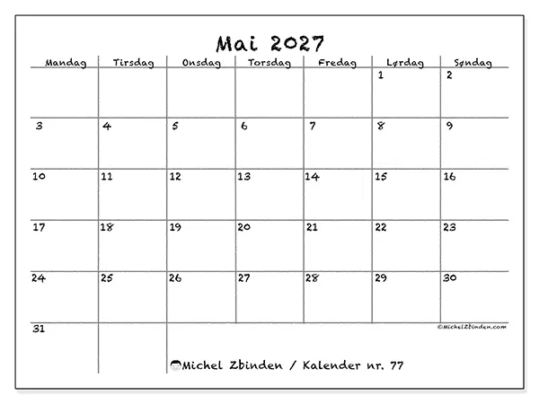 Mai 2027 kalendere til utskrift - Skole og familie