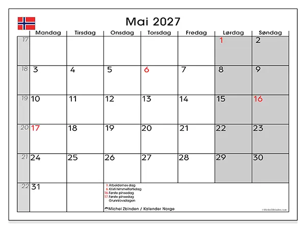 Mai 2027 kalendere til utskrift - Norge