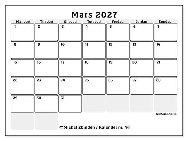 Mars 2027 kalendere til utskrift - Strukturert planlegging