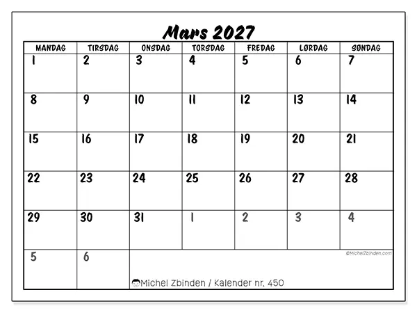 Mars 2027 kalendere til utskrift - Detaljert organisering
