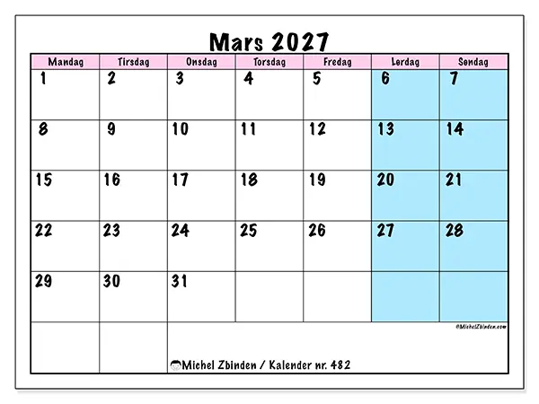 Mars 2027 kalendere til utskrift - Team tidsplan