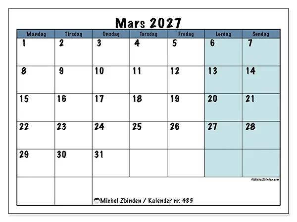 Mars 2027 kalendere til utskrift - Struktur for skolen