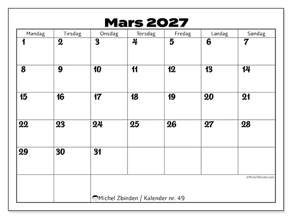 Mars 2027 kalendere til utskrift - Koordinering på jobb