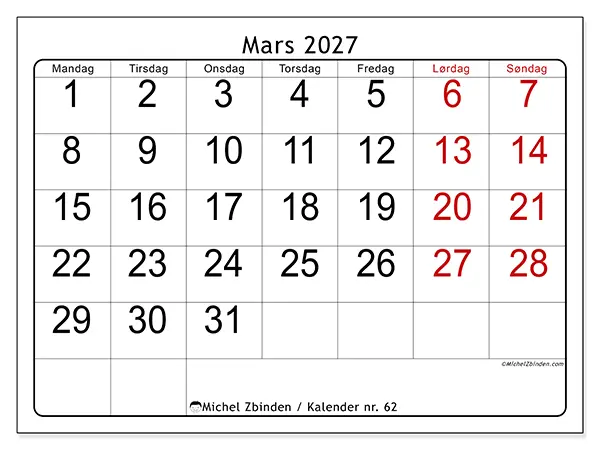 Mars 2027 kalendere til utskrift - Rask oversikt
