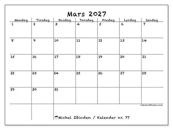 Mars 2027 kalendere til utskrift - Skole og familie