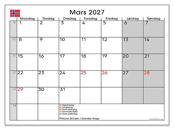 Mars 2027 kalendere til utskrift - Norge