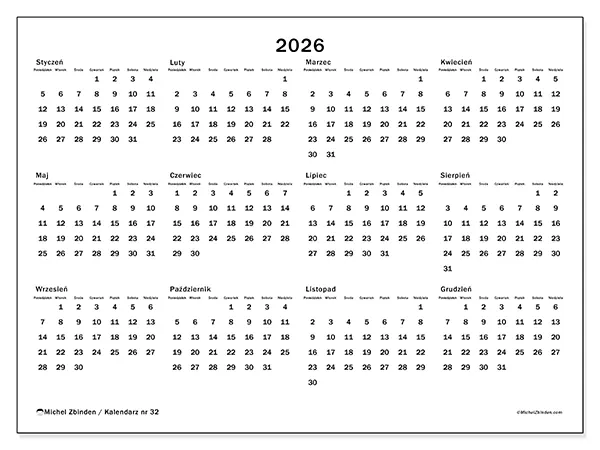 Kalendarz roczny 2026 do druku - Widok roku