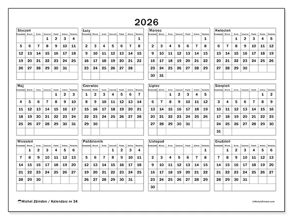 Kalendarz roczny 2026 do druku - Wakacje i czas wolny