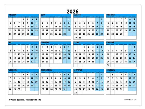 Kalendarz roczny 2026 do druku - Niebieskie odcienie