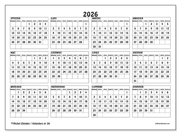 Kalendarz roczny 2026 do druku - Szkoła i nauka