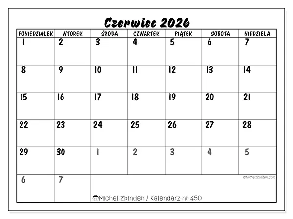 Kalendarz do druku na czerwiec 2026 - Szczegółowy model