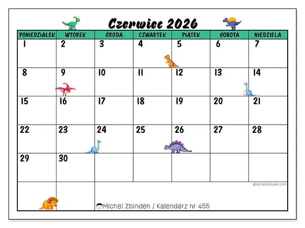 Kalendarz do druku na czerwiec 2026 - Małe dinozaury
