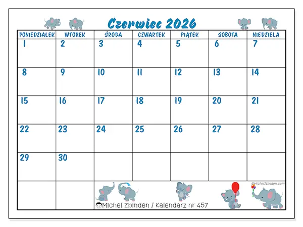 Kalendarz do druku na czerwiec 2026 - Małe słonie