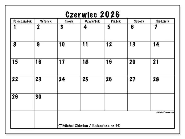 Kalendarz do druku na czerwiec 2026