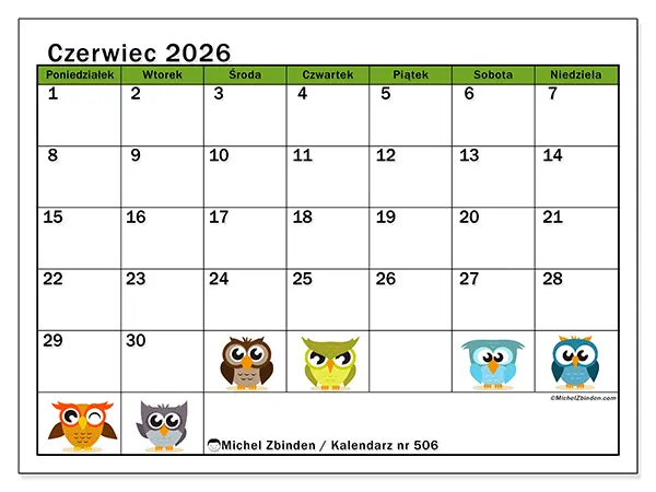 Kalendarz do druku na czerwiec 2026 - Sowy