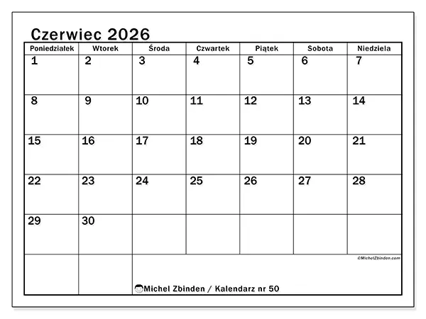 Kalendarz do druku na czerwiec 2026 - Przejrzysty miesiąc