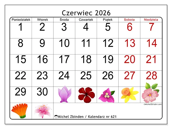 Kalendarz do druku na czerwiec 2026 - Duże kwiaty
