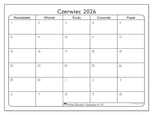 Kalendarz do druku na czerwiec 2026 - Dni robocze
