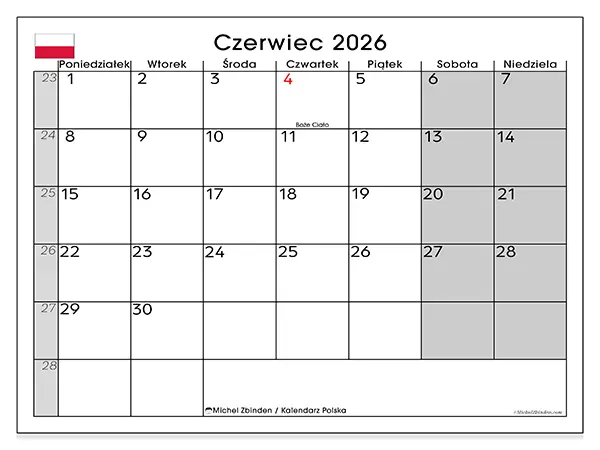 Kalendarz do druku na czerwiec 2026 - Polska