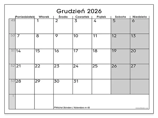 Kalendarz do druku na grudzień 2026 - Przejrzysty widok