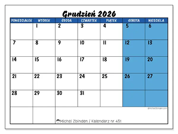 Kalendarz do druku na grudzień 2026 - Niebieski widok